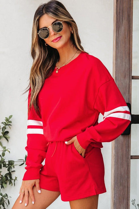 Varsity Striped Sleeve Drop Shoulder Sweatshirt Short Set