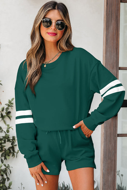 Varsity Striped Sleeve Drop Shoulder Sweatshirt Short Set