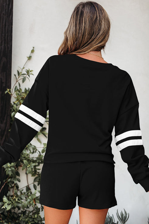 Varsity Striped Sleeve Drop Shoulder Sweatshirt Short Set
