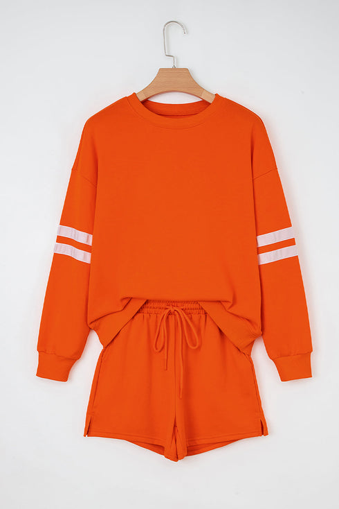Varsity Striped Sleeve Drop Shoulder Sweatshirt Short Set