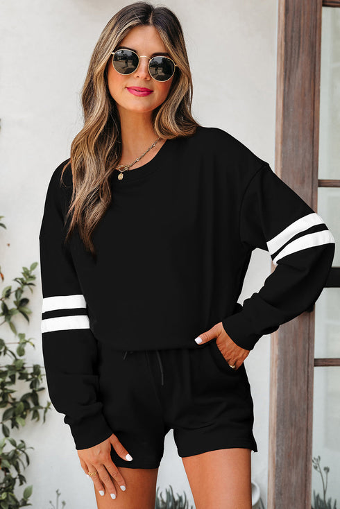 Varsity Striped Sleeve Drop Shoulder Sweatshirt Short Set