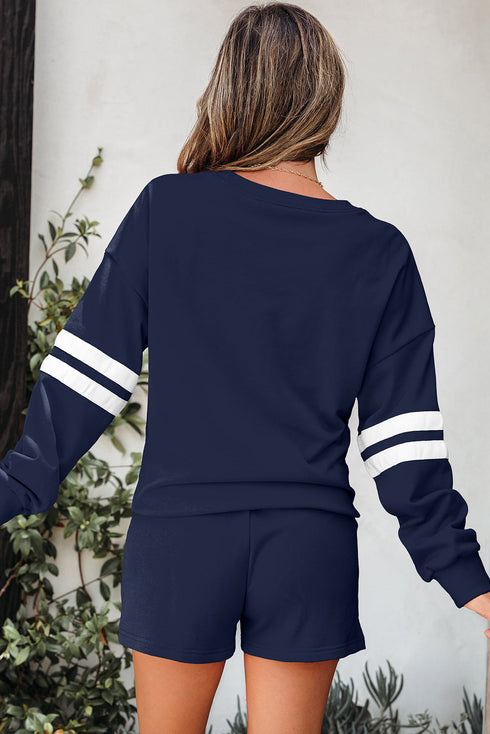 Varsity Striped Sleeve Drop Shoulder Sweatshirt Short Set