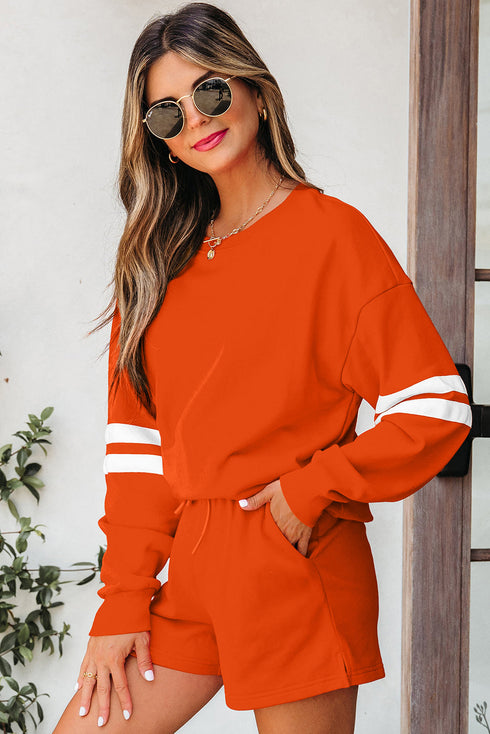 Varsity Striped Sleeve Drop Shoulder Sweatshirt Short Set