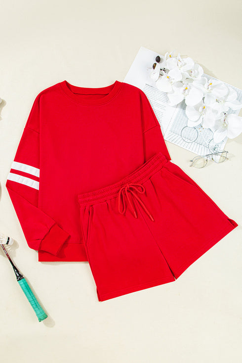 Varsity Striped Sleeve Drop Shoulder Sweatshirt Short Set