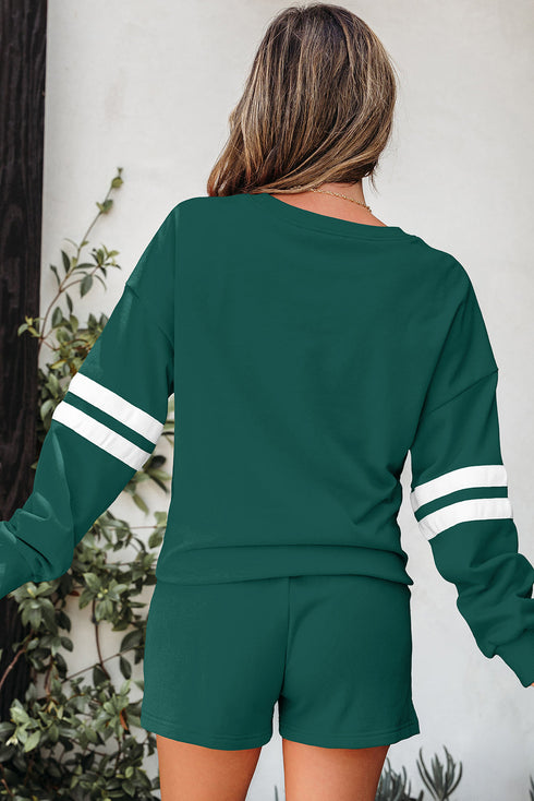 Varsity Striped Sleeve Drop Shoulder Sweatshirt Short Set