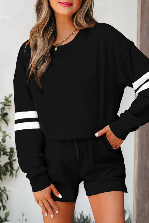 Varsity Striped Sleeve Drop Shoulder Sweatshirt Short Set
