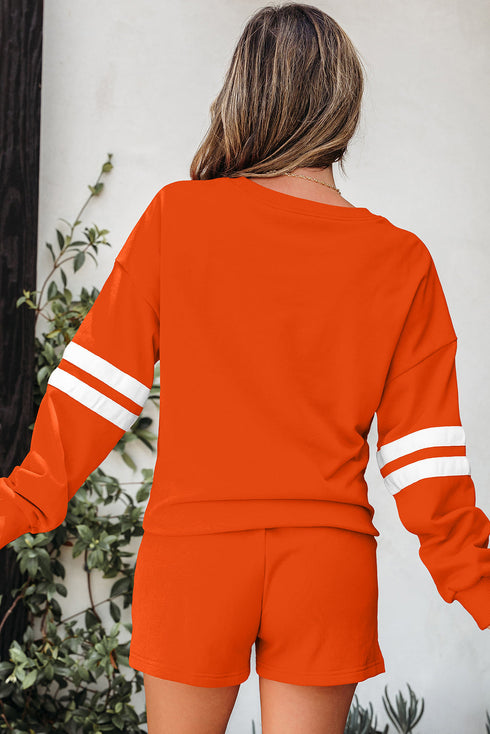 Varsity Striped Sleeve Drop Shoulder Sweatshirt Short Set