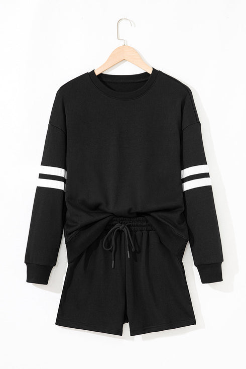 Varsity Striped Sleeve Drop Shoulder Sweatshirt Short Set