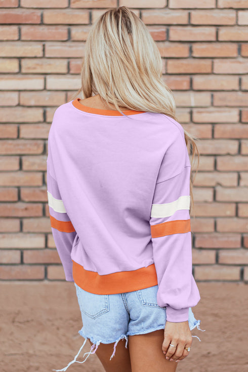 Varsity Striped Sleeve V Neck Relaxed Sweatshirt
