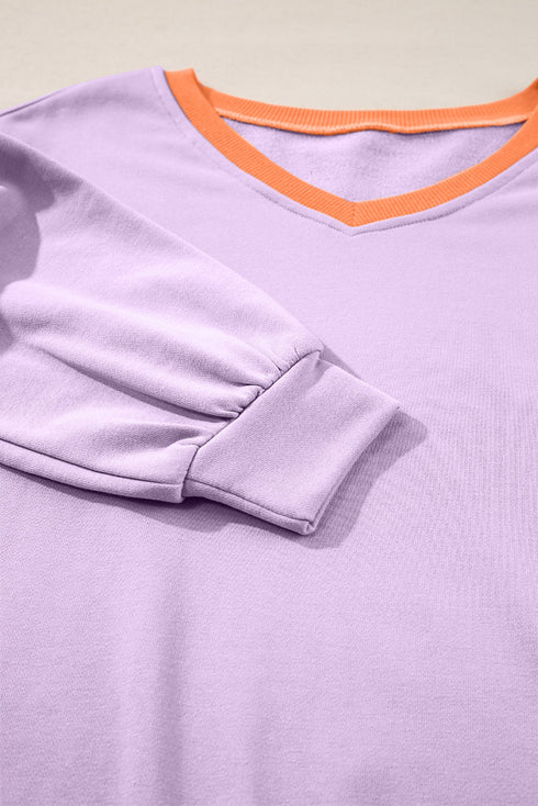 Varsity Striped Sleeve V Neck Relaxed Sweatshirt
