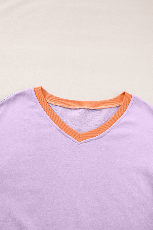 Varsity Striped Sleeve V Neck Relaxed Sweatshirt