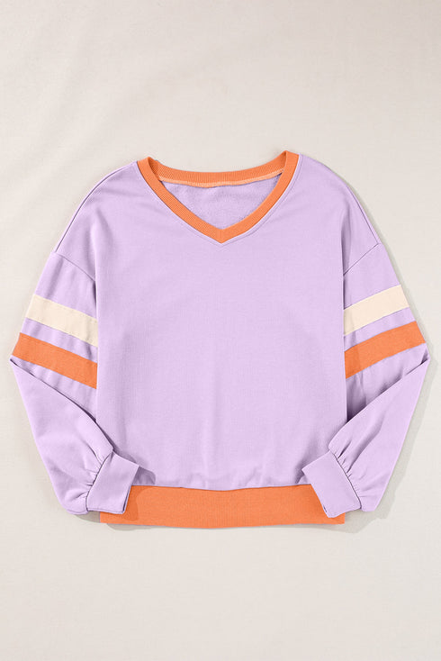 Varsity Striped Sleeve V Neck Relaxed Sweatshirt