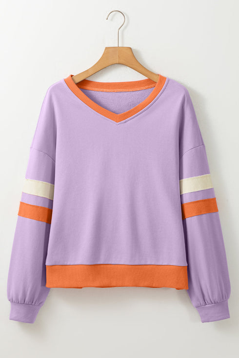 Varsity Striped Sleeve V Neck Relaxed Sweatshirt