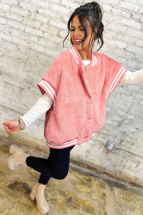 Varsity Striped Trim Patchwork Sherpa Fleece Vest