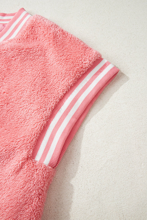 Varsity Striped Trim Patchwork Sherpa Fleece Vest