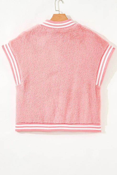 Varsity Striped Trim Patchwork Sherpa Fleece Vest