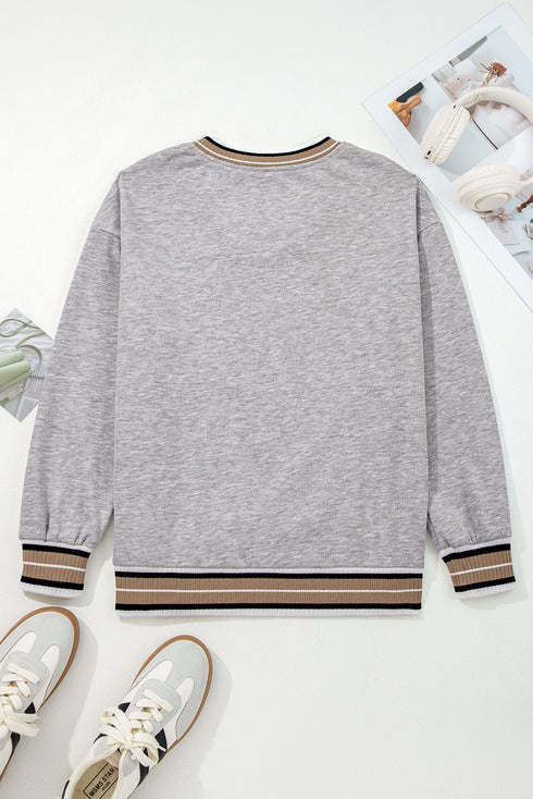 Varsity Striped Trim V Neck Long Sleeve Pullover Sweatshirt