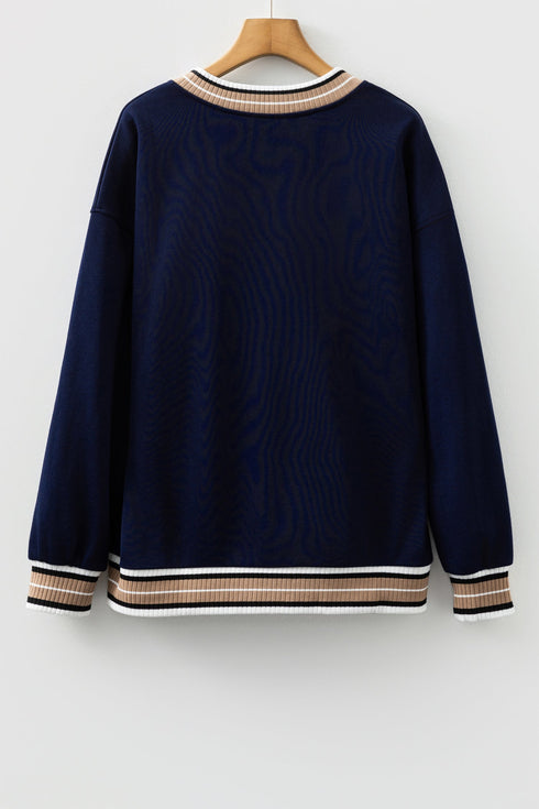 Varsity Striped Trim V Neck Long Sleeve Pullover Sweatshirt