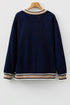 Varsity Striped Trim V Neck Long Sleeve Pullover Sweatshirt