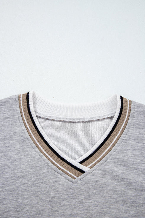 Varsity Striped Trim V Neck Long Sleeve Pullover Sweatshirt