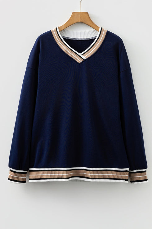 Varsity Striped Trim V Neck Long Sleeve Pullover Sweatshirt