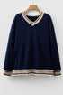 Varsity Striped Trim V Neck Long Sleeve Pullover Sweatshirt