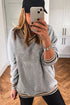 Varsity Striped Trim V Neck Long Sleeve Pullover Sweatshirt