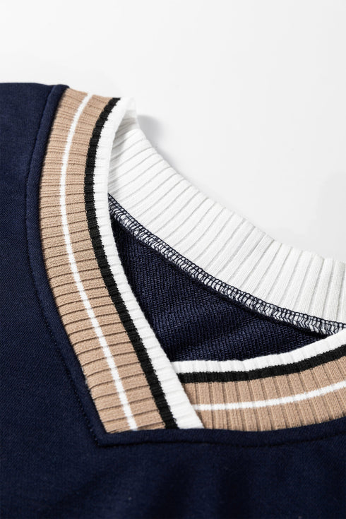 Varsity Striped Trim V Neck Long Sleeve Pullover Sweatshirt