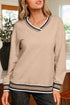Varsity Striped Trim V Neck Long Sleeve Pullover Sweatshirt