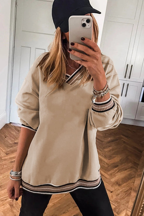 Varsity Striped Trim V Neck Long Sleeve Pullover Sweatshirt