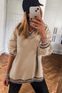 Varsity Striped Trim V Neck Long Sleeve Pullover Sweatshirt