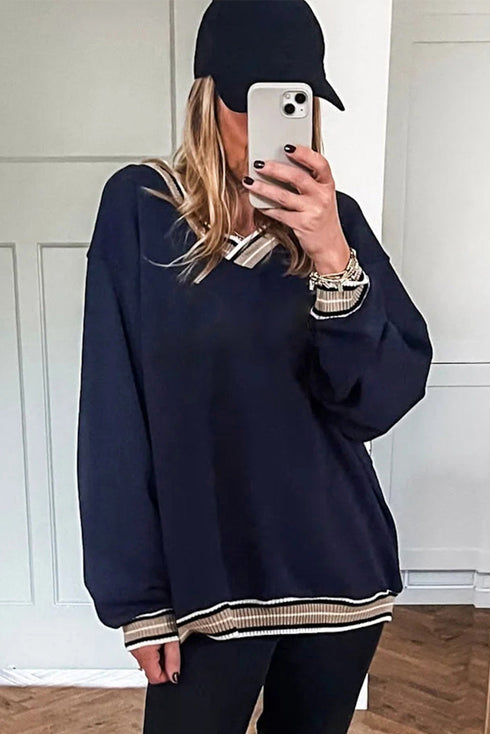 Varsity Striped Trim V Neck Long Sleeve Pullover Sweatshirt