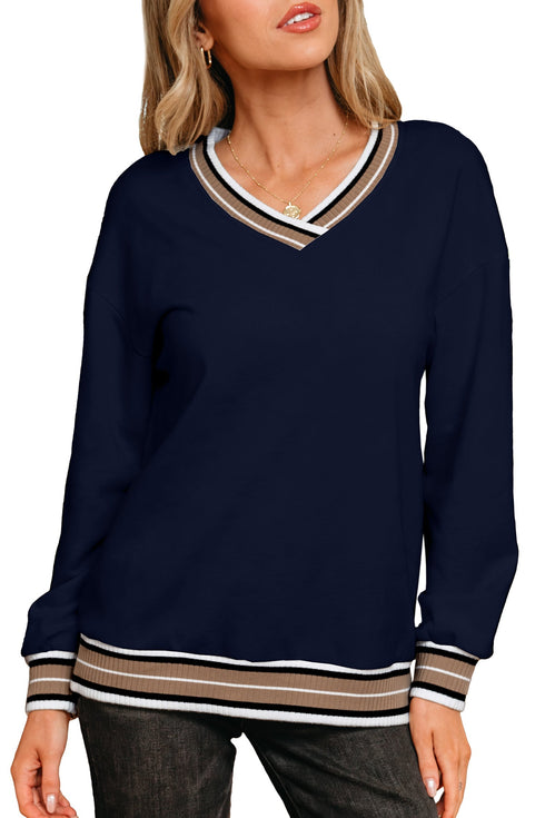 Varsity Striped Trim V Neck Long Sleeve Pullover Sweatshirt