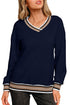 Varsity Striped Trim V Neck Long Sleeve Pullover Sweatshirt