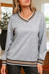 Varsity Striped Trim V Neck Long Sleeve Pullover Sweatshirt