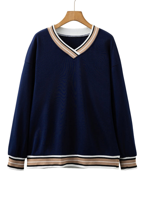 Varsity Striped Trim V Neck Long Sleeve Pullover Sweatshirt