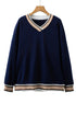 Varsity Striped Trim V Neck Long Sleeve Pullover Sweatshirt