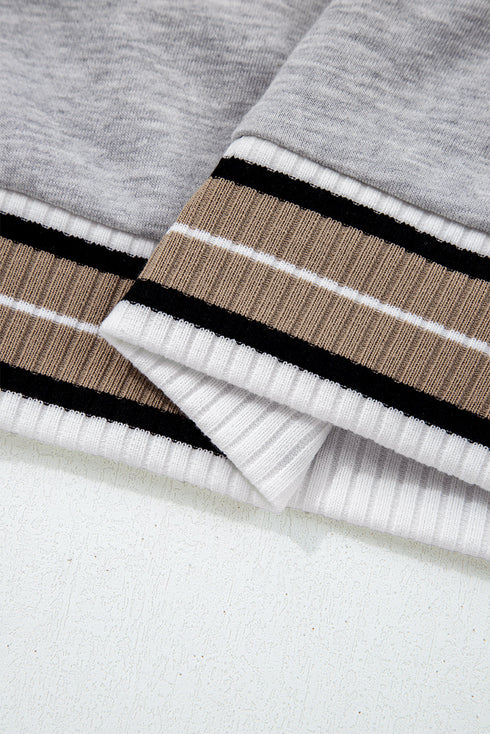 Varsity Striped Trim V Neck Long Sleeve Pullover Sweatshirt