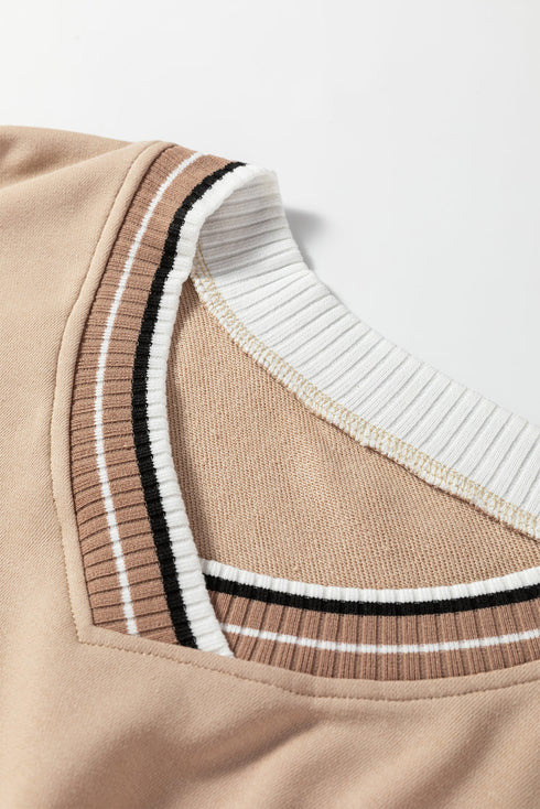 Varsity Striped Trim V Neck Long Sleeve Pullover Sweatshirt