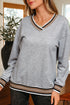 Varsity Striped Trim V Neck Long Sleeve Pullover Sweatshirt