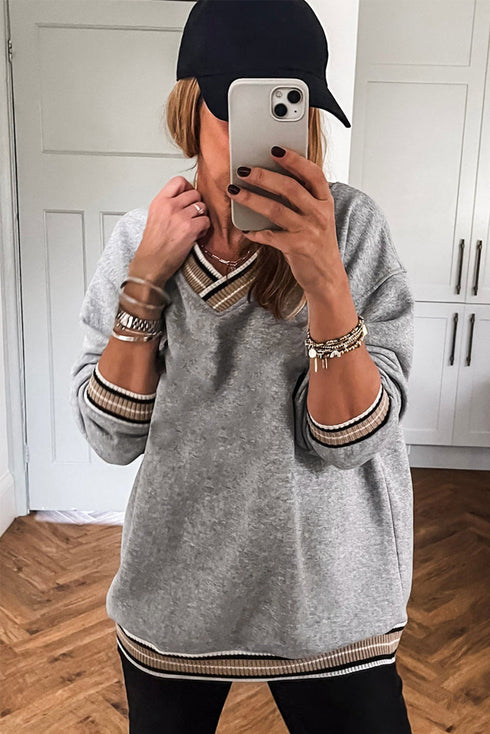 Varsity Striped Trim V Neck Long Sleeve Pullover Sweatshirt