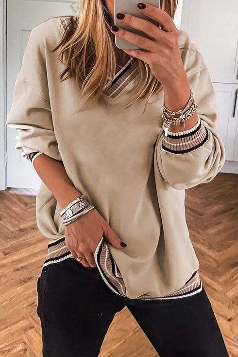 Varsity Striped Trim V Neck Long Sleeve Pullover Sweatshirt