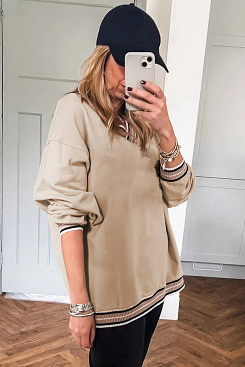 Varsity Striped Trim V Neck Long Sleeve Pullover Sweatshirt