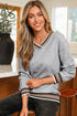 Varsity Striped Trim V Neck Long Sleeve Pullover Sweatshirt
