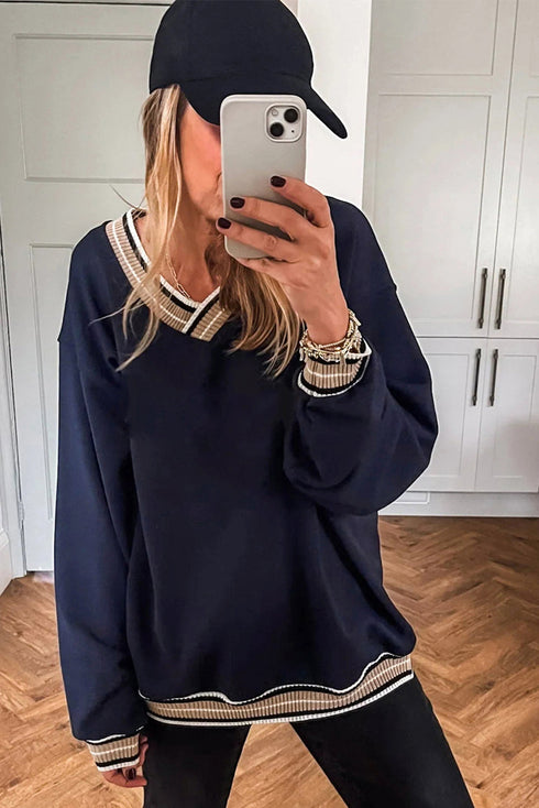 Varsity Striped Trim V Neck Long Sleeve Pullover Sweatshirt