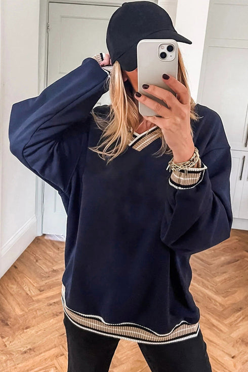 Varsity Striped Trim V Neck Long Sleeve Pullover Sweatshirt