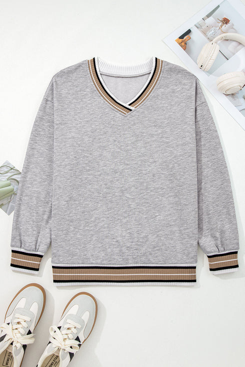 Varsity Striped Trim V Neck Long Sleeve Pullover Sweatshirt