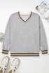 Varsity Striped Trim V Neck Long Sleeve Pullover Sweatshirt