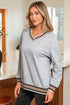 Varsity Striped Trim V Neck Long Sleeve Pullover Sweatshirt