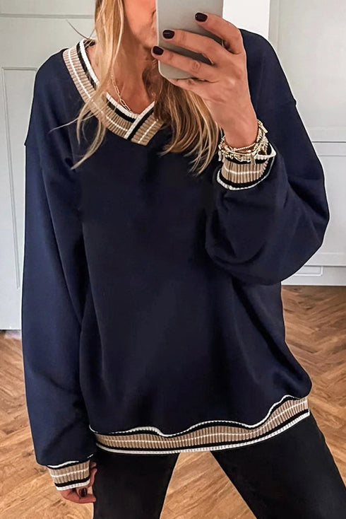 Varsity Striped Trim V Neck Long Sleeve Pullover Sweatshirt
